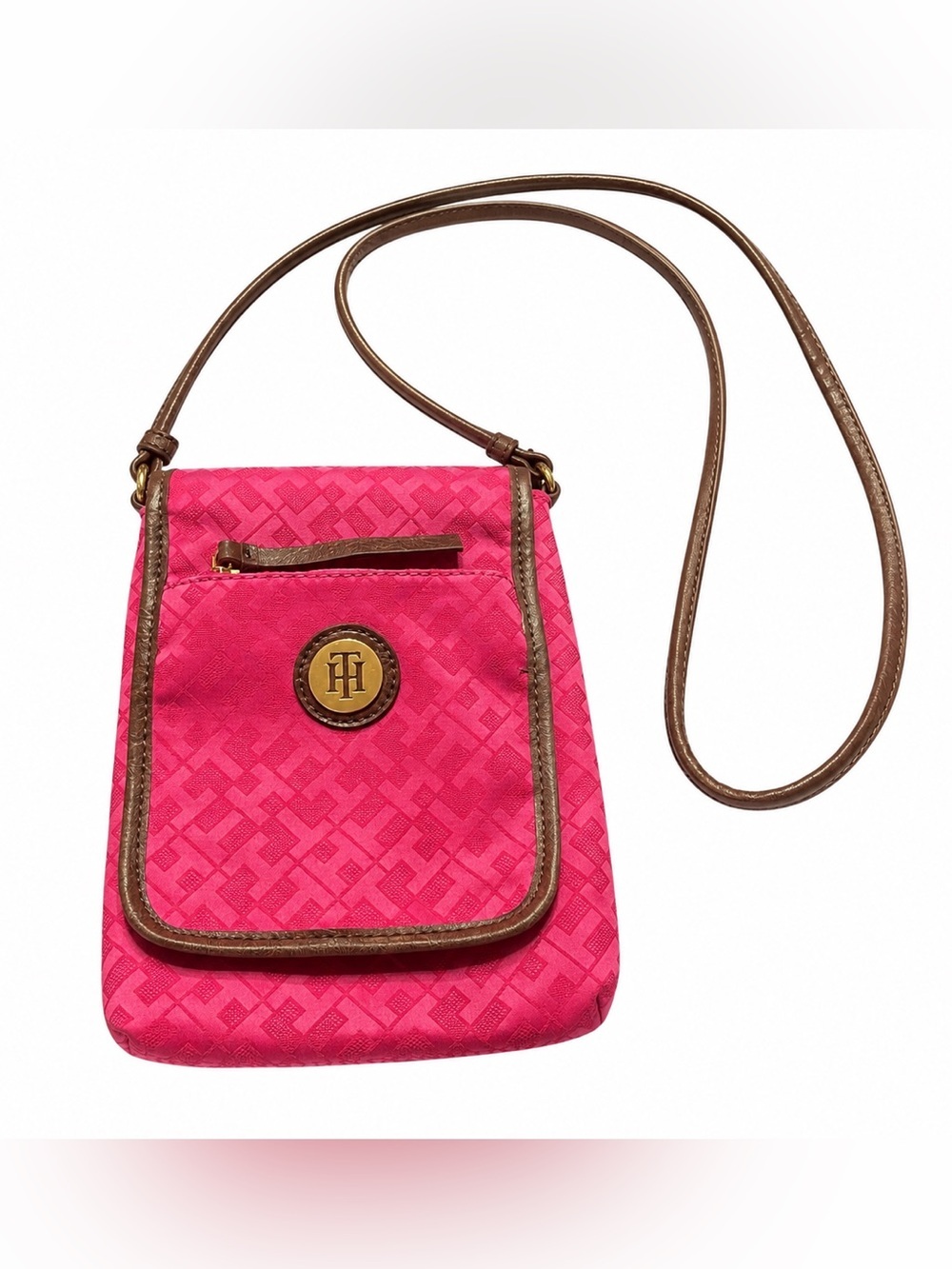 Tommy Hilfiger Women’s Small Crossbody Bag Pink Brown TH Monogram Gold Accents - Picture 2 of 8